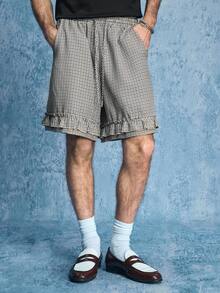 ROMWE MEN Street Life Men's Fine Plaid Drawstring Waist Pocket Ruffle Hem Casual Shorts - Black - View 4