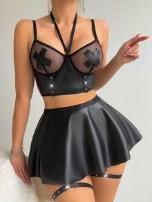 AltCore Set de 5 piezas: Minifalda acampanada de piel sintética de PU y parches de red de pescar con ligas con tachuelas para salir - Negro - Ver 3