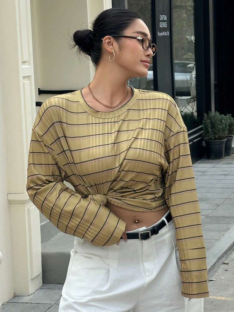Dazy Plus Plus Size Casual Striped Drop Shoulder Long Sleeve T-Shirt, Spring/Summer