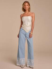 COSMINA Denim Quần jean nữ, thiết kế phối ren, có túi, màu xanh denim, phù hợp cho kỳ nghỉ hè và mặc hàng ngày, quần jean nữ thanh lịch. - Màu xanh lam - Xem 4