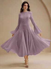 Anewsta Gaun Putih Elegan Lengan Panjang Model Mengembang dengan Kancing di Lengan - Mauve Purple - View 5