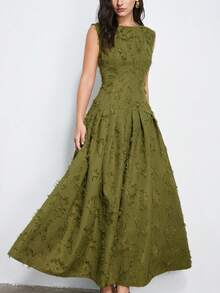 Aveloria Modichic Olive Green Textured Fringe Maxi Dress, Minimalist A-Line Silhouette, Sleeveless, Quiet Luxury Style, Suitable For Commute, Vacation, Casual Gatherings, Spring/Summer Everyday Wear - Green - View 1