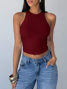 Aloruh 女士性感露背交叉吊带背心，夏季 - 酒紅色 - 查看 3