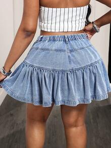 Slaydiva 大码女式高腰口袋荷叶边下摆休闲牛仔迷你裙 - 卡其色 - 查看 2