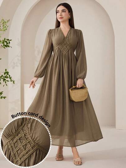 Veilorie Women's Solid Color V-Neck Pleated Elegant Long Sleeve Dress