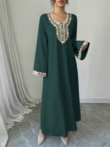 Al Najma 女士圆领贴花休闲派对外出阿拉伯风格连衣裙 - 綠色 - 查看 4