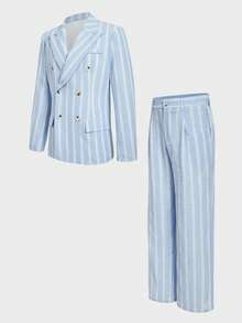 HIMLAND Chaqueta de traje de manga larga de doble botonadura a rayas y pantalones para hombre, conjunto de vestir casual para oficina y uso diario - Azul y blanco - Ver 5