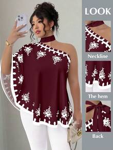 SHEIN Elenzya Áo kiểu cỡ lớn, vai lệch, cổ buộc dây, in họa tiết. - Màu Đỏ Sâu - Xem 1