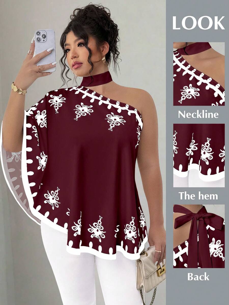 SHEIN Elenzya Áo kiểu cỡ lớn, vai lệch, cổ buộc dây, in họa tiết. - Màu Đỏ Sâu - Xem 1
