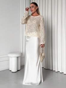 Livesso 女士休闲、假日、街头风闪亮亮片优雅新年、圣诞节、婚礼派对时尚镂空网纱薄款透明长袖露脐上衣，春夏秋季 - 米色 - 查看 5