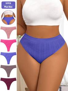 SHEIN 5pcs Women Plus Size Basic Solid Seamless Comfortable Ribbed Knitted Sexy Thong Panties - Multicolor - View 4