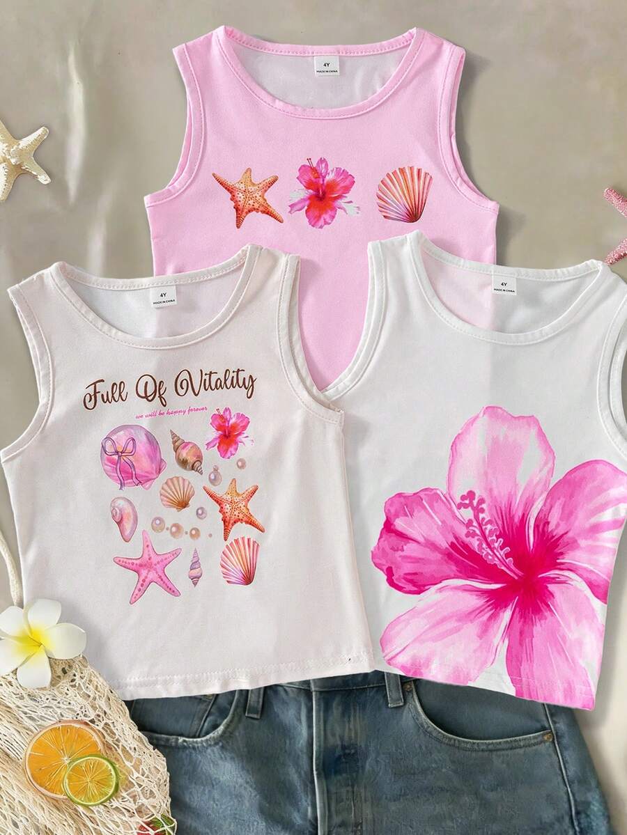 3pcs/Set Young Girl' Fashion Hibiscus & Shell Print Camisole - Multicolor - View 1