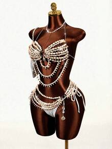 BamGleam Conjunto de bikini sexy con cuentas y conchas para vacaciones de verano de mujer - Beis - Ver 6