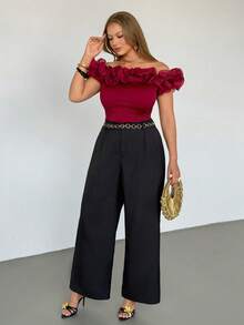 Auralis Plus Size Women's Solid Color Ruffle Off-Shoulder Fitted Fashionable T-Shirt Red Off Shoulder Top Burgundy Top Wine Red Top Dark Red Top Rose Top Elegant Ceremony T-Shirt For Women Spring/Summer Elegant T-Shirt For Women - Red - View 5