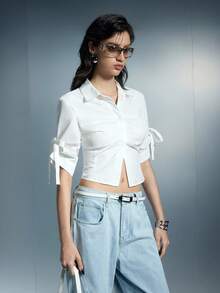 Airlisse Women's Retro High-Waist Long Sleeve Tie Design Button-Up Pleated Fitted Blouse - White - View 4