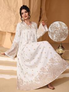 SHEIN Najma 波西米亚风宽松印花V领流苏长袖连衣裙，度假风 - 彩色 - 查看 2