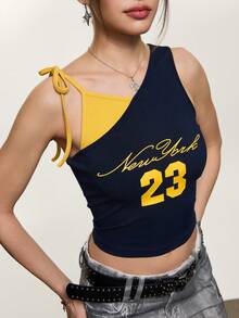 Rina Fox Women's Asymmetric Neck Letter Print Sleeveless Cropped Top - Royal Blue - View 3