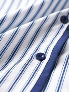 Airaco Women's Striped Round Neck Long Sleeve Single-Breasted Casual Pocket Shirt - Blue - View 7