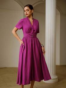 ZEYLAH Đầm midi tay ngắn bằng vải lanh, cổ chữ V sâu, trang trí khóa kim loại ở eo. - Màu tím - Xem 5