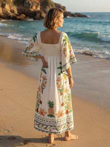 CAJUNI 热带度假可爱刺绣长裙 - 杏色 - 查看 2