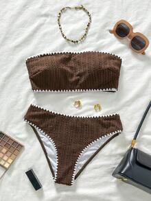 Swim Basics 2pcs Women Textured Bandeau Bikini Set, Suitable For Summer Beach Vacation - Brown - View 6