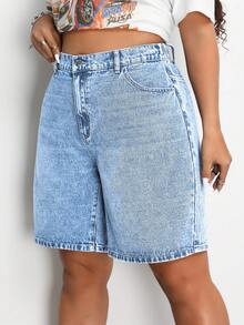 SHEIN EZwear Quần short denim thường ngày màu trơn cỡ lớn có túi, mùa hè - Rửa nhẹ - Xem 5