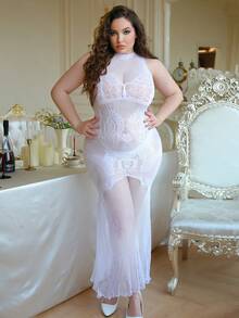 Crystal Vow 婚礼季蕾丝拼接波点网纱性感内衣连衣裙 女士无袖性感网纱连衣裙，情人节春夏款 - 白色 - 查看 4