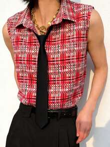 Manfinity Dauomo Men's Casual Plaid Single-Breasted Waistcoat Shirt - Red - View 1