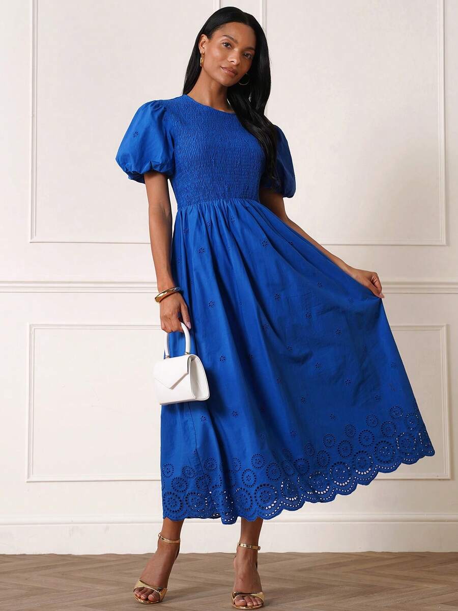 Lilora Women's Elegant Round Neck Gathered Blue Mid-Length Dress - Blue - View 1