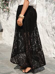 Miaspire Plus Size Women's Summer Casual Vacation Elegant Floral Lace Slit Solid Color Black Long Skirt, Summer Holiday,Spring Break, Vacation Women, Holiday For Women,Going Out,2026 New,Simple And Fashionable For Everyday Wear,Suitable For Summer, Vacation, Commute, Daily Wear,Black Skirt,Beach For Women - Black - View 4