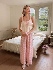 SHEIN Women's Romantic Plaid Pants + Frill Trim Square Neck Camisole 2 Pieces Pajama Set - Apricot - View 5