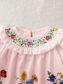 Newborn Baby Girl Cute Floral Pattern Ruffle Trim Loose Casual Dress Wildflower Dress Baby Puff Sleeve Baby Dress Baby Girl Floral Embroidery Dress Pink Baby Dress Baby Daisy Dress,Kids - Pink - View 5