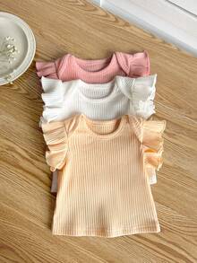 3pcs Newborn Baby Girl Cute Casual Versatile Solid Color Ruffle Trim Knit Top Set - White - View 3