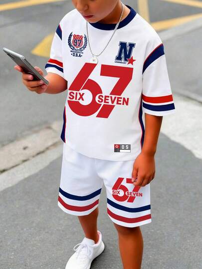 Spring And Summer Tween Boys' Casual Fashion Creative Personalized Refreshing Minimalist Stylish 67 Badge, Pentagram, Striped Red White Blue Contrast Color, Letter Slogan Graphic Print Casual Basic Short T-Shirt And Shorts Set, Comfortable Daily Wear Cozy Summer Styles Suitable For Spring And Summer Boys