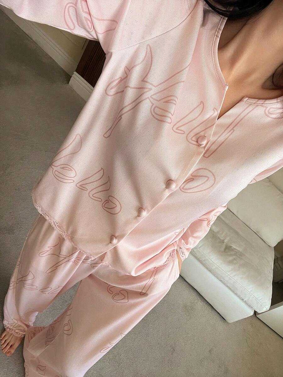 DAZY Letter Print Lace Trim Patchwork Women Pajama Set - Pink - View 1