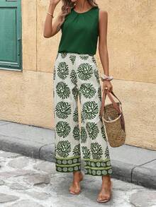 SHEIN Clasi 女士新款优雅无袖上衣和印花阔腿裤两件套，适合度假、日常穿着及多种场合。 - 彩色 - 查看 7