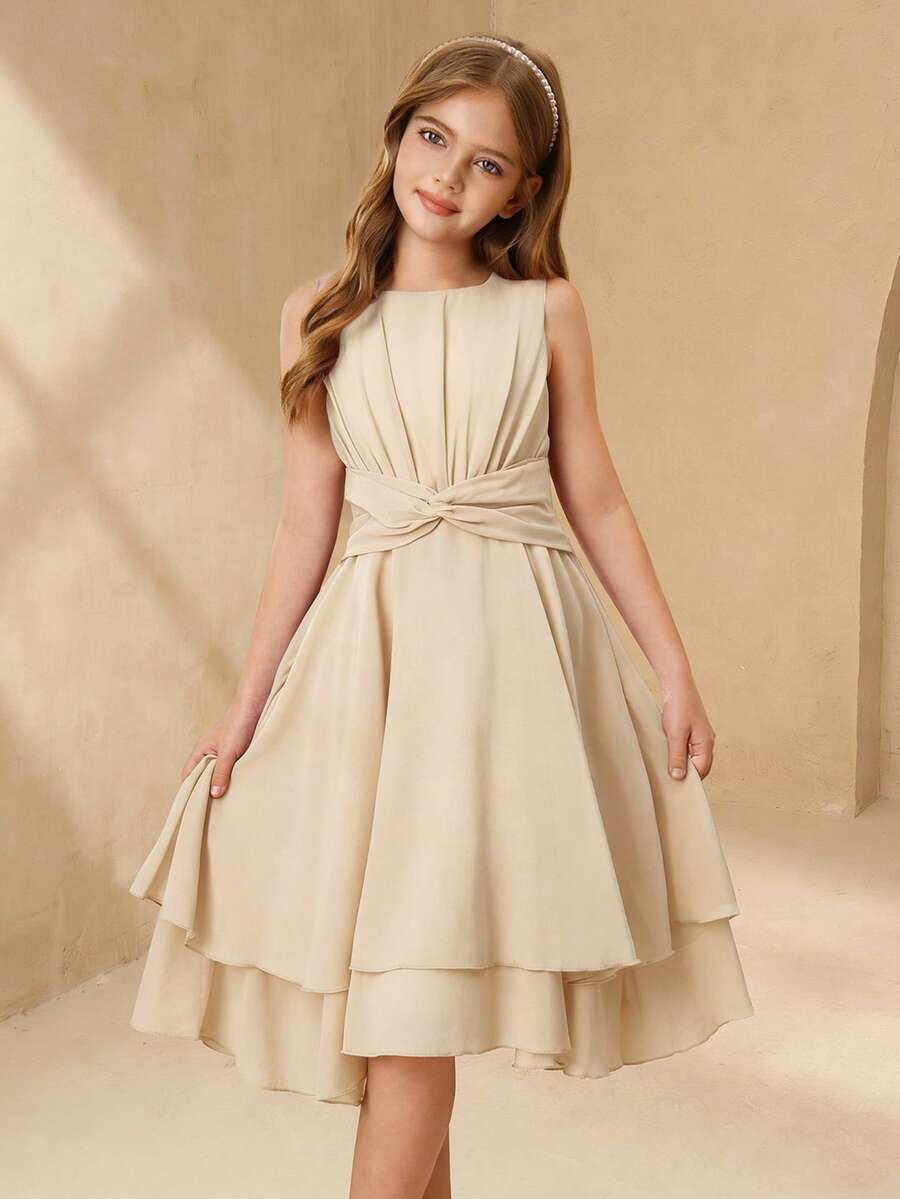 SHEIN 女童可爱优雅浅紫色无袖中长连衣裙，适合派对、假日、正式场合、婚礼、生日、演出及其他活动 - 杏色 - 查看 1