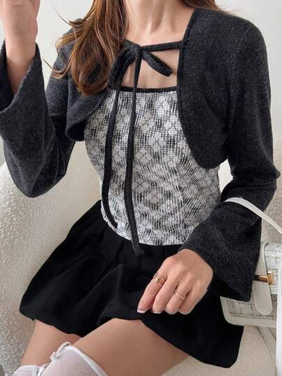 FRIFUL 女士春夏黑色纯色系带开衫，格子蝴蝶结吊带背心，长袖修身两件套