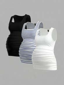Modmama 3pcs/Set Maternity Round Neck Pleated Casual Versatile Daily Wear Tops - Multicolor - View 6
