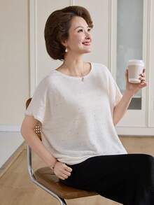 Livesso 女士宽松蝙蝠袖亮面T恤针织衫 - 米色 - 查看 4