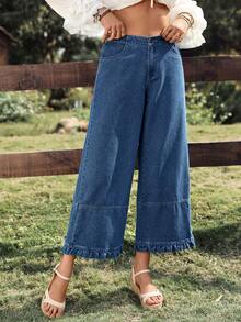 Breezaya Quần jeans ống rộng xếp ly dáng casual thời trang nữ - Rửa tối - Xem 9