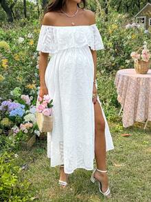 SHEIN Pregnant Women's Elegant Vacation Textured Off-Shoulder Dress, Summer - White - View 6