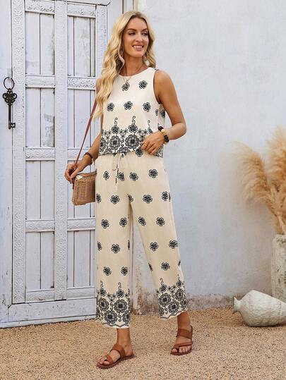 EMERY ROSE Conjunto informal de 2 piezas de mujer con camiseta de cuello redondo y estampado floral, y pantalones