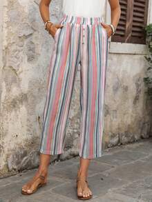 EMERY ROSE Women's Casual Vacation & Commute Contrast Stripe Print Elastic Waist Side Pockets Cropped Pants - Multicolor - View 9