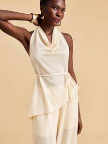 Travachic 2pcs/Set Halter Neck Draped Backless Top & Pants - Apricot - View 7