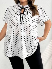 SHEIN CURVE+ Áo sơ mi tay ngắn chấm bi cỡ lớn, thời trang mùa hè, trang phục công sở thường ngày cho nữ/2026/năm mới - Đen và trắng - Xem 7