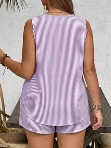 SHEIN VCAY Setelan Pantai 2 Potong Wanita Ukuran Besar Musim Panas Motif Kamisol dan Celana Pendek Garis-garis Biru & Putih - Purple - View 2