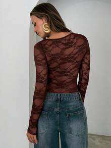 Aloruh Body de manga larga transparente con encaje de color rojo vino para Navidad - Marrón - Ver 2