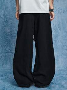 ROMWE MEN Street Life 男士时尚街头铆钉细节拼接流苏下摆阔腿牛仔裤 - 黑色 - 查看 3