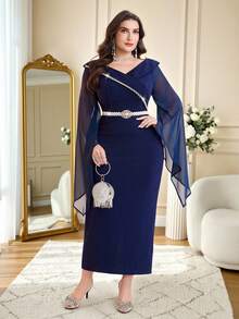 Modelyn 大码女式纯色网纱拼接喇叭袖修身优雅连衣裙 - 藏蓝色 - 查看 5